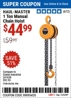 Harbor Freight Coupon HAUL-MASTER 1 TON MANUAL CHAIN HOIST Lot No. 996 Expired: 12/3/20 - $44.99