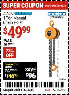 Harbor Freight Coupon HAUL-MASTER 1 TON MANUAL CHAIN HOIST Lot No. 996 Expired: 10/12/23 - $49.99