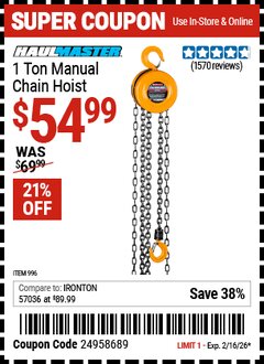 Harbor Freight Coupon HAUL-MASTER 1 TON MANUAL CHAIN HOIST Lot No. 996 Expired: 2/16/26 - $54.99