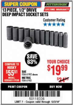 Harbor Freight Coupon PITTSBURGH 1/2 IN. DRIVE IMPACT DEEP SOCKET SET, 13-PIECE Lot No. 61902/61903 Expired: 12/3/18 - $19.99