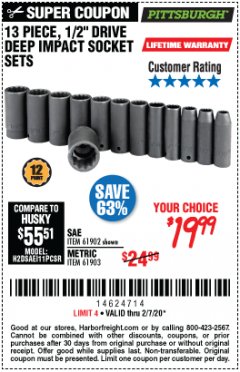 Harbor Freight Coupon PITTSBURGH 1/2 IN. DRIVE IMPACT DEEP SOCKET SET, 13-PIECE Lot No. 61902/61903 Expired: 2/7/20 - $19.99