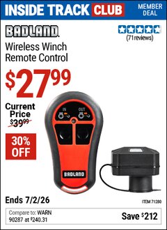 Harbor Freight ITC Coupon BADLAND WIRELESS WINCH REMOTE CONTROL Lot No. 69229 Dates Valid: 12/31/69 - 7/2/26 - $27.99