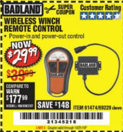 Harbor Freight Coupon BADLAND WIRELESS WINCH REMOTE CONTROL Lot No. 69229 Expired: 10/21/19 - $29.99
