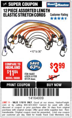 Harbor Freight ITC Coupon HAUL-MASTER ASSORTED LENGTH ELASTIC STRETCH CORDS, 12-PIECE Lot No. 56890/60534 Expired: 1/10/19 - $3.99