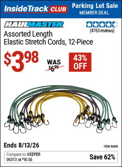 Harbor Freight ITC Coupon HAUL-MASTER ASSORTED LENGTH ELASTIC STRETCH CORDS, 12-PIECE Lot No. 56890/60534 Expired: 8/13/26 - $3.98