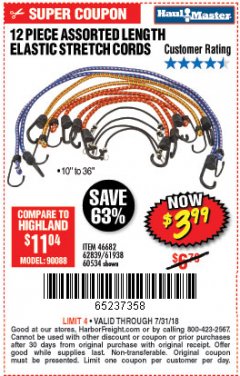 Harbor Freight Coupon HAUL-MASTER ASSORTED LENGTH ELASTIC STRETCH CORDS, 12-PIECE Lot No. 56890/60534 Expired: 7/31/18 - $3.99