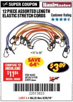 Harbor Freight Coupon HAUL-MASTER ASSORTED LENGTH ELASTIC STRETCH CORDS, 12-PIECE Lot No. 56890/60534 Expired: 8/26/18 - $3.89