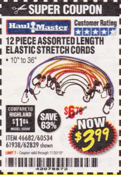 Harbor Freight Coupon HAUL-MASTER ASSORTED LENGTH ELASTIC STRETCH CORDS, 12-PIECE Lot No. 56890/60534 Expired: 11/30/18 - $3.99