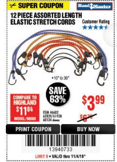 Harbor Freight Coupon HAUL-MASTER ASSORTED LENGTH ELASTIC STRETCH CORDS, 12-PIECE Lot No. 56890/60534 Expired: 11/4/18 - $3.99