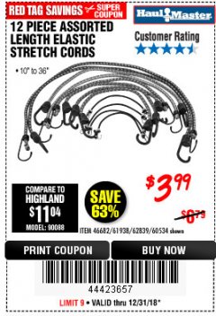 Harbor Freight Coupon HAUL-MASTER ASSORTED LENGTH ELASTIC STRETCH CORDS, 12-PIECE Lot No. 56890/60534 Expired: 12/31/18 - $3.99