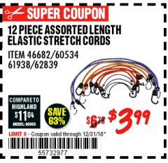 Harbor Freight Coupon HAUL-MASTER ASSORTED LENGTH ELASTIC STRETCH CORDS, 12-PIECE Lot No. 56890/60534 Expired: 12/31/18 - $3.99