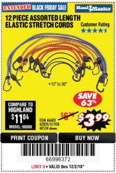 Harbor Freight Coupon HAUL-MASTER ASSORTED LENGTH ELASTIC STRETCH CORDS, 12-PIECE Lot No. 56890/60534 Expired: 12/2/18 - $3.99