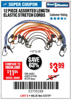 Harbor Freight Coupon HAUL-MASTER ASSORTED LENGTH ELASTIC STRETCH CORDS, 12-PIECE Lot No. 56890/60534 Expired: 2/3/19 - $3.99