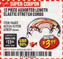 Harbor Freight Coupon HAUL-MASTER ASSORTED LENGTH ELASTIC STRETCH CORDS, 12-PIECE Lot No. 56890/60534 Expired: 2/28/19 - $3.99