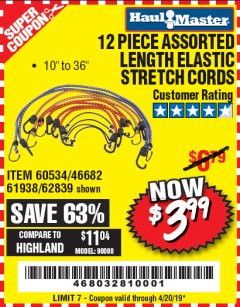 Harbor Freight Coupon HAUL-MASTER ASSORTED LENGTH ELASTIC STRETCH CORDS, 12-PIECE Lot No. 56890/60534 Expired: 4/20/19 - $3.99