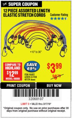 Harbor Freight Coupon HAUL-MASTER ASSORTED LENGTH ELASTIC STRETCH CORDS, 12-PIECE Lot No. 56890/60534 Expired: 3/17/19 - $3.99