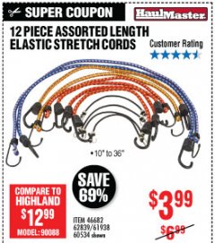 Harbor Freight Coupon HAUL-MASTER ASSORTED LENGTH ELASTIC STRETCH CORDS, 12-PIECE Lot No. 56890/60534 Expired: 6/2/19 - $3.99