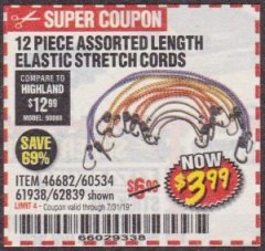 Harbor Freight Coupon HAUL-MASTER ASSORTED LENGTH ELASTIC STRETCH CORDS, 12-PIECE Lot No. 56890/60534 Expired: 7/31/19 - $3.99