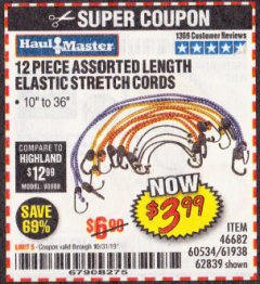 Harbor Freight Coupon HAUL-MASTER ASSORTED LENGTH ELASTIC STRETCH CORDS, 12-PIECE Lot No. 56890/60534 Expired: 10/31/19 - $3.99