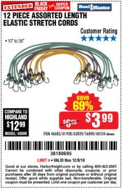 Harbor Freight Coupon HAUL-MASTER ASSORTED LENGTH ELASTIC STRETCH CORDS, 12-PIECE Lot No. 56890/60534 Expired: 12/8/19 - $3.99