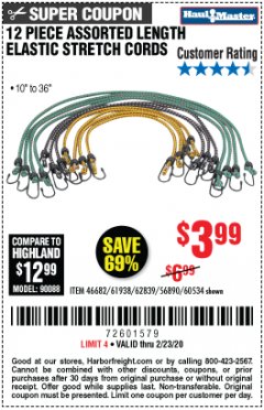 Harbor Freight Coupon HAUL-MASTER ASSORTED LENGTH ELASTIC STRETCH CORDS, 12-PIECE Lot No. 56890/60534 Expired: 2/23/20 - $3.99