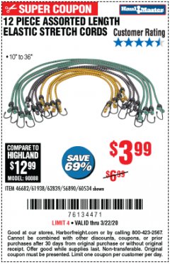 Harbor Freight Coupon HAUL-MASTER ASSORTED LENGTH ELASTIC STRETCH CORDS, 12-PIECE Lot No. 56890/60534 Expired: 3/22/20 - $3.99