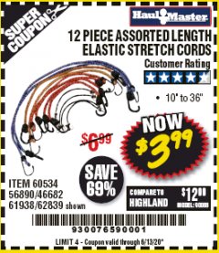 Harbor Freight Coupon HAUL-MASTER ASSORTED LENGTH ELASTIC STRETCH CORDS, 12-PIECE Lot No. 56890/60534 Expired: 6/30/20 - $3.99
