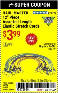 Harbor Freight Coupon HAUL-MASTER ASSORTED LENGTH ELASTIC STRETCH CORDS, 12-PIECE Lot No. 56890/60534 Expired: 7/31/20 - $3.99