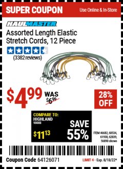 Harbor Freight Coupon HAUL-MASTER ASSORTED LENGTH ELASTIC STRETCH CORDS, 12-PIECE Lot No. 56890/60534 Expired: 8/18/22 - $4.99