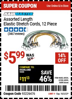 Harbor Freight Coupon HAUL-MASTER ASSORTED LENGTH ELASTIC STRETCH CORDS, 12-PIECE Lot No. 56890/60534 Expired: 10/2/22 - $5.99