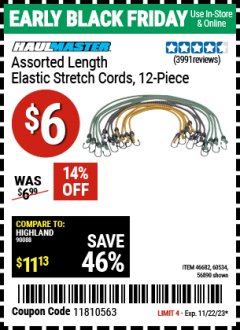 Harbor Freight Coupon HAUL-MASTER ASSORTED LENGTH ELASTIC STRETCH CORDS, 12-PIECE Lot No. 56890/60534 Expired: 11/22/23 - $0.06