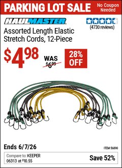 Harbor Freight Coupon HAUL-MASTER ASSORTED LENGTH ELASTIC STRETCH CORDS, 12-PIECE Lot No. 56890/60534 Expired: 6/7/26 - $4.98