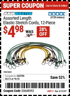 Harbor Freight Coupon HAUL-MASTER ASSORTED LENGTH ELASTIC STRETCH CORDS, 12-PIECE Lot No. 56890/60534 Expired: 6/14/26 - $4.98