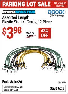 Harbor Freight Coupon HAUL-MASTER ASSORTED LENGTH ELASTIC STRETCH CORDS, 12-PIECE Lot No. 56890/60534 Expired: 8/16/26 - $3.98