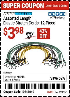 Harbor Freight Coupon HAUL-MASTER ASSORTED LENGTH ELASTIC STRETCH CORDS, 12-PIECE Lot No. 56890/60534 Expired: 8/23/26 - $3.98