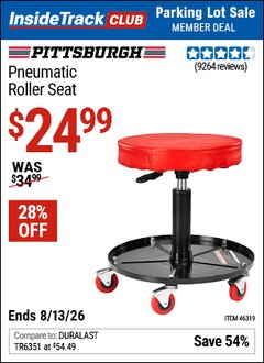 Harbor Freight ITC Coupon PITTSBURGH PNEUMATIC ROLLER SEAT Lot No. 46319 Expired: 8/13/26 - $24.99