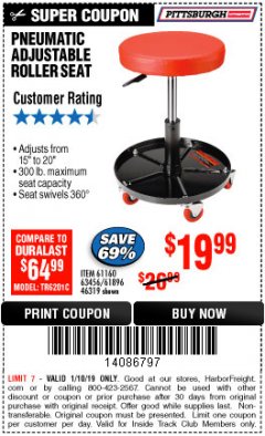 Harbor Freight ITC Coupon PITTSBURGH PNEUMATIC ROLLER SEAT Lot No. 46319 Expired: 1/10/19 - $19.99