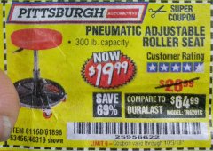 Harbor Freight Coupon PITTSBURGH PNEUMATIC ROLLER SEAT Lot No. 46319 Expired: 10/3/18 - $19.99