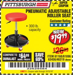Harbor Freight Coupon PITTSBURGH PNEUMATIC ROLLER SEAT Lot No. 46319 Expired: 10/15/18 - $19.99