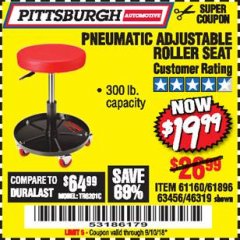 Harbor Freight Coupon PITTSBURGH PNEUMATIC ROLLER SEAT Lot No. 46319 Expired: 9/10/18 - $19.99