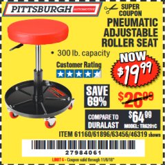Harbor Freight Coupon PITTSBURGH PNEUMATIC ROLLER SEAT Lot No. 46319 Expired: 11/6/18 - $19.99