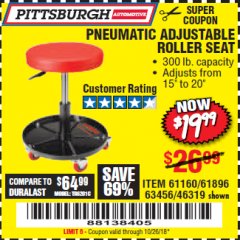 Harbor Freight Coupon PITTSBURGH PNEUMATIC ROLLER SEAT Lot No. 46319 Expired: 10/26/18 - $19.99