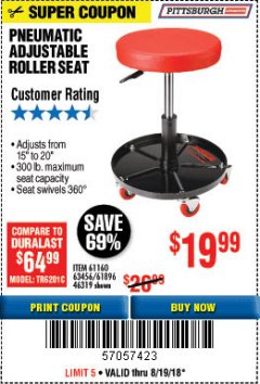 Harbor Freight Coupon PITTSBURGH PNEUMATIC ROLLER SEAT Lot No. 46319 Expired: 8/13/18 - $19.99