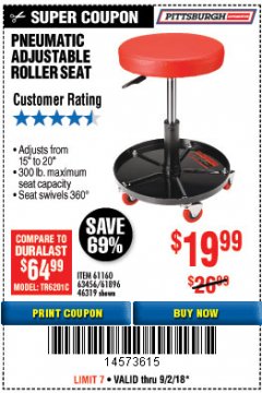 Harbor Freight Coupon PITTSBURGH PNEUMATIC ROLLER SEAT Lot No. 46319 Expired: 9/2/18 - $19.99