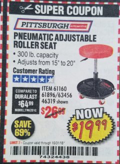 Harbor Freight Coupon PITTSBURGH PNEUMATIC ROLLER SEAT Lot No. 46319 Expired: 10/31/18 - $19.99