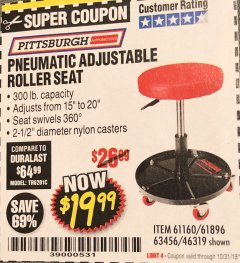 Harbor Freight Coupon PITTSBURGH PNEUMATIC ROLLER SEAT Lot No. 46319 Expired: 10/31/18 - $19.99