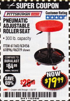 Harbor Freight Coupon PITTSBURGH PNEUMATIC ROLLER SEAT Lot No. 46319 Expired: 11/30/18 - $19.99