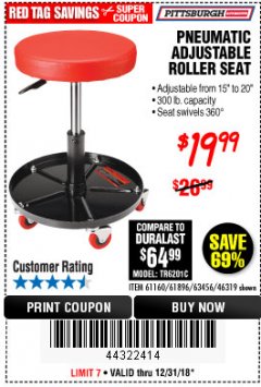 Harbor Freight Coupon PITTSBURGH PNEUMATIC ROLLER SEAT Lot No. 46319 Expired: 12/31/18 - $19.99