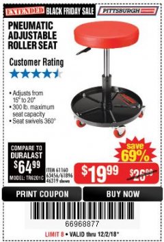 Harbor Freight Coupon PITTSBURGH PNEUMATIC ROLLER SEAT Lot No. 46319 Expired: 12/2/18 - $19.99