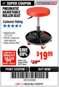 Harbor Freight Coupon PITTSBURGH PNEUMATIC ROLLER SEAT Lot No. 46319 Expired: 12/23/18 - $19.99